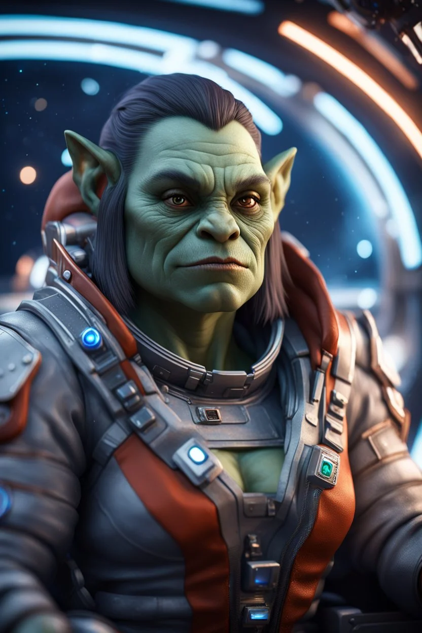 pen outline, really macho pimp orc seal french female captain that go hard sitting in space station cockpit , in front of space portal dimensional glittering device, bokeh like f/0.8, tilt-shift lens 8k, high detail, smooth render, down-light, unreal engine, prize winning