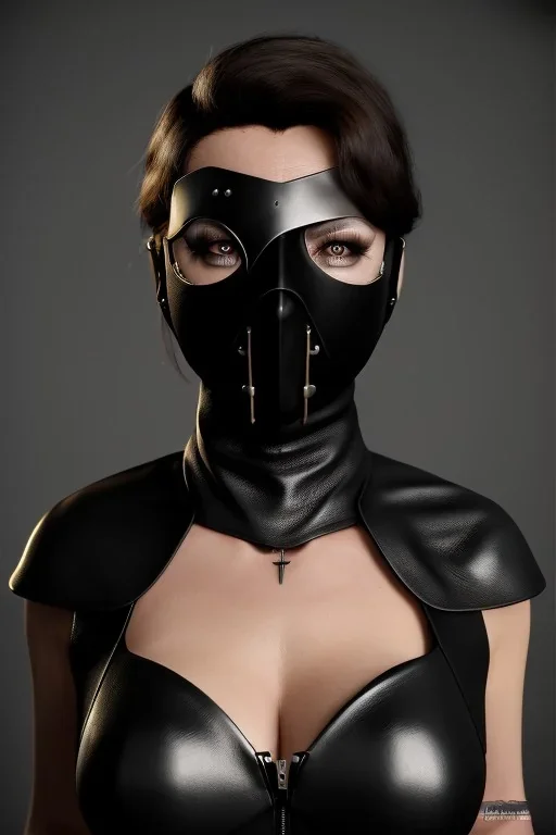 executioner in black leather, mature woman, skintight eye mask, cleavage, evil, angry, steam punk, 8k,dark