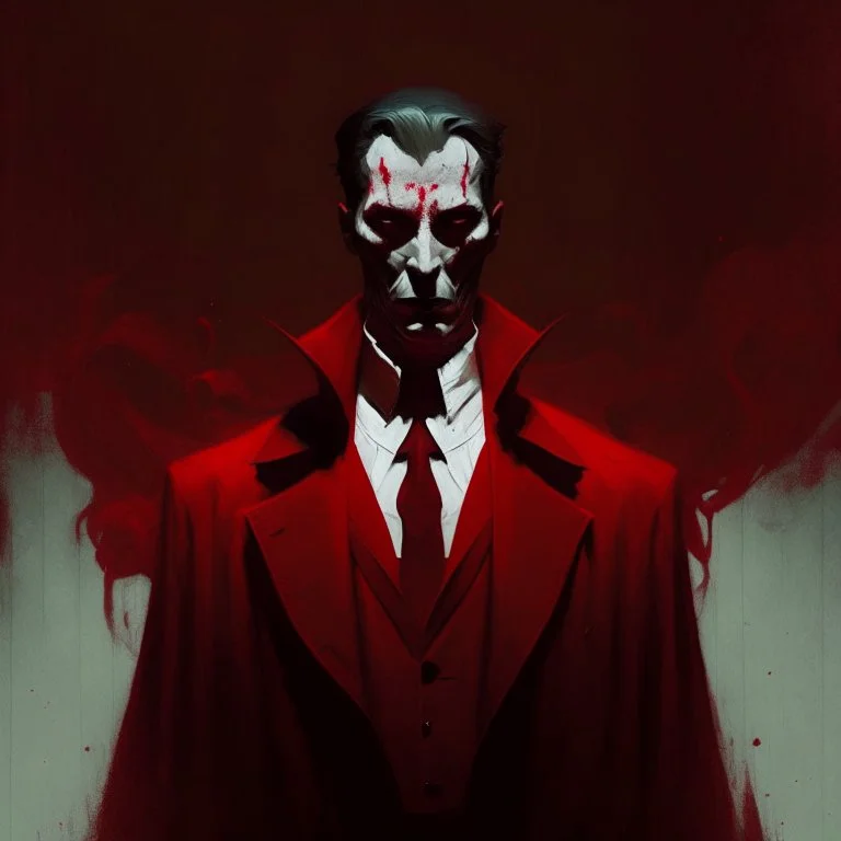 a sinister figure wearing a red suit and a priest's collar with no face and dirty slicked back hair