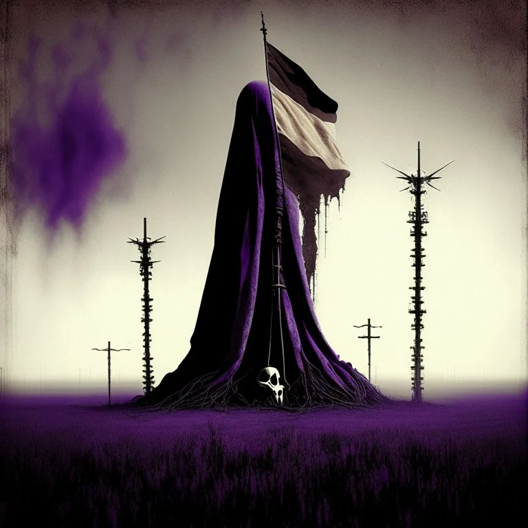 A reaper on the oilfields make for your shallow grave, wrap you in a flag and forget your name, by Anton Semenov, by Stephen Gammell, by Victor Pasmore, Westerngaze album cover illustration, scary sepia and purple complimentary shades, octane render, by Wes Benscoter, gritty, weird, volumetric lighting, abstract images