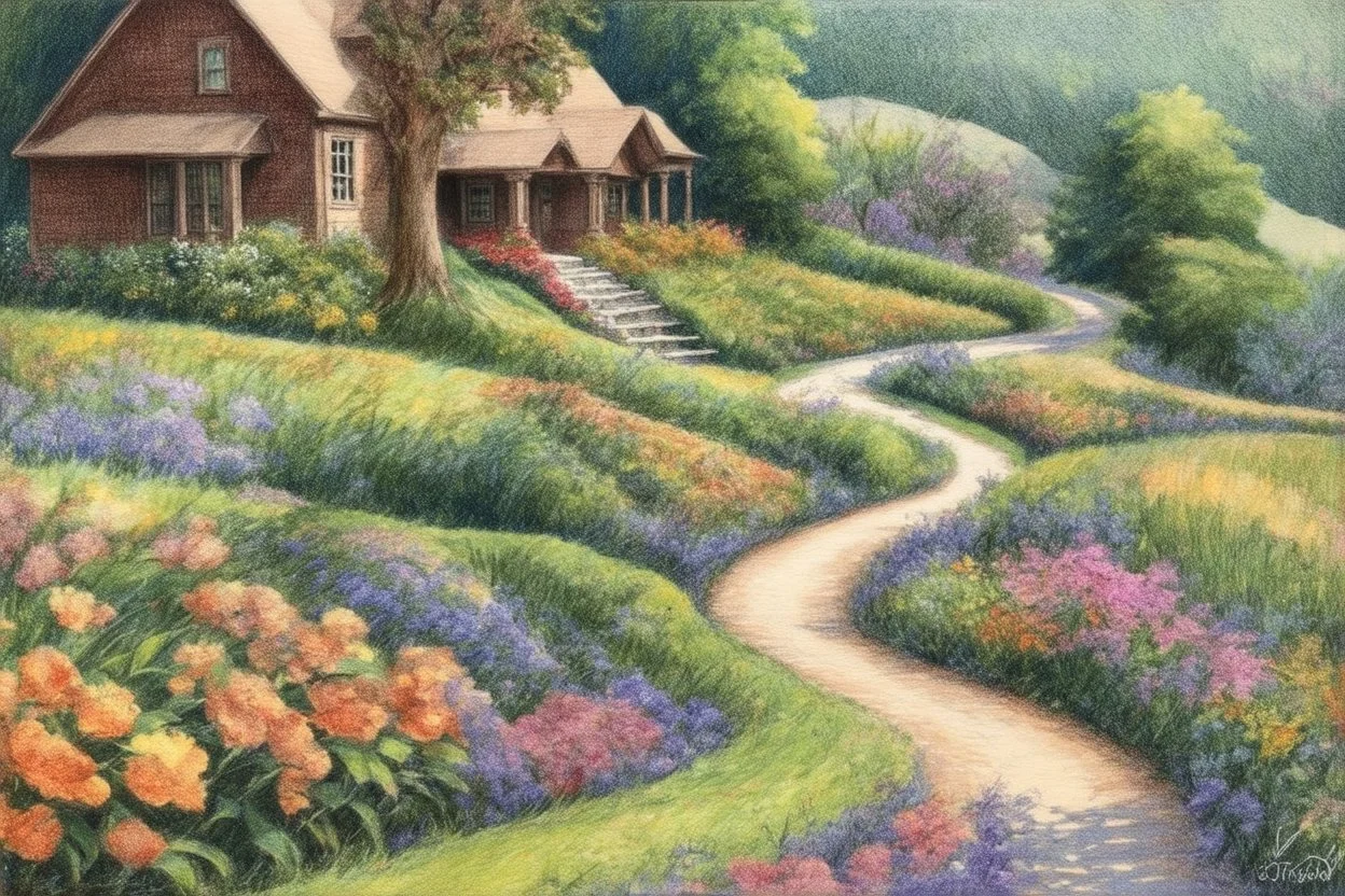 colored pencil sketch of a winding path to a country home --ar 4:3 --s 150