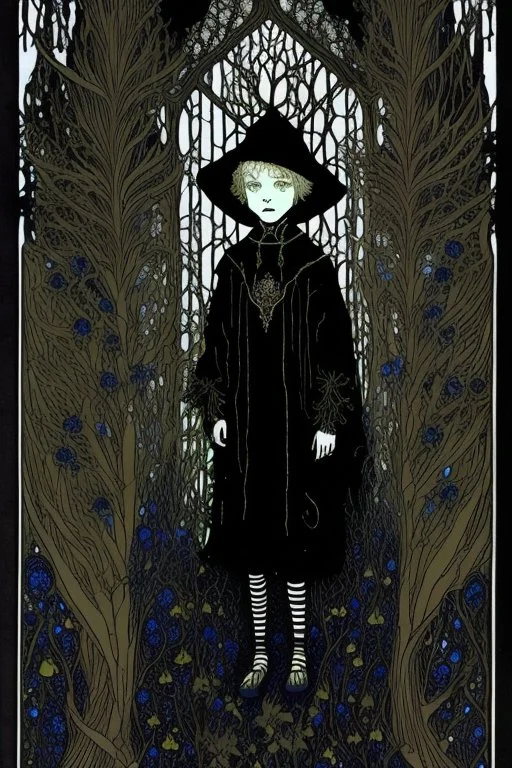 7 year old boy, friendly, looks dead, with weird mushrooms growing out of him, wearing black robes, in the style of Harry Clarke