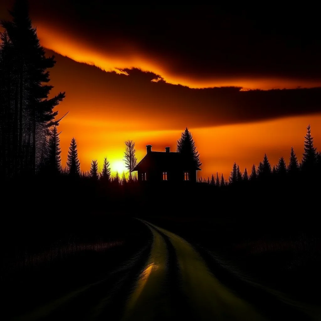 dark night, orange sunset colors in the sky, a lonely cottage in the distance on a mountain in the woods, a lonely dark silhouette walking down the road