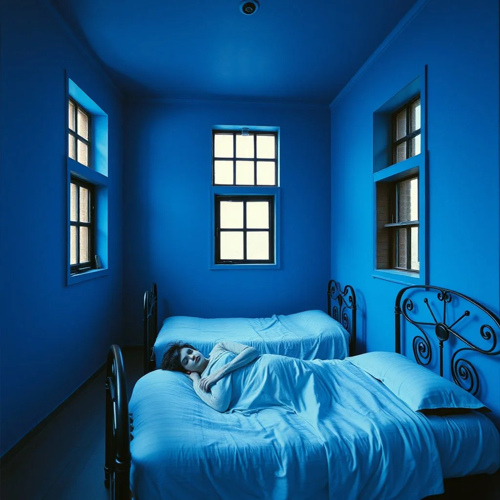 Fotografia di camera blu gioioso weirdcore dai colori vivaci. Max Ernst. I letti sono dipinti di nero chiaro con g stilizzate e dettagli. Ci sono finestrelle quadrate, che danno un senso distopico e molto surreale, disposte in modo casuale. L'atmosfera generale sembra noiosa e onirica, con un contrasto tra elementi reali ed elementi dipinti. Persona finta dorme