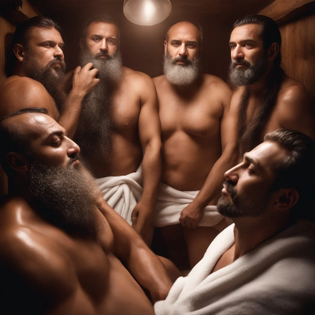 close up photography of a group of turkish and marocan 42 years old ugly chubby muscular men embraced, manly chest, covered with the towel at the hip, long beard, shaved hair, photorealistic, manly legs, manly arms, sitting in a steamy sauna, clouds of steam, side light