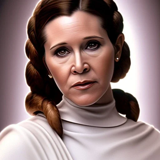 zoomed out stunning photo realistic portrait of carrie fisher as Princess Leia in star wars with photo realistic fine and very simple symmetrical hairstyle, brown eyes, macro lens blur, eos5d mark 4, ef 85mm 5.6, professional majestic photo realistic painting by Ed Blinkey, Atey Ghailan, by Jeremy Mann, Greg Manchess, Antonio Moro, trending on ArtStation, Intricate, High Detail, Sharp focus, dramatic, by greg rutkowski, realism, beautiful and detailed lighting,