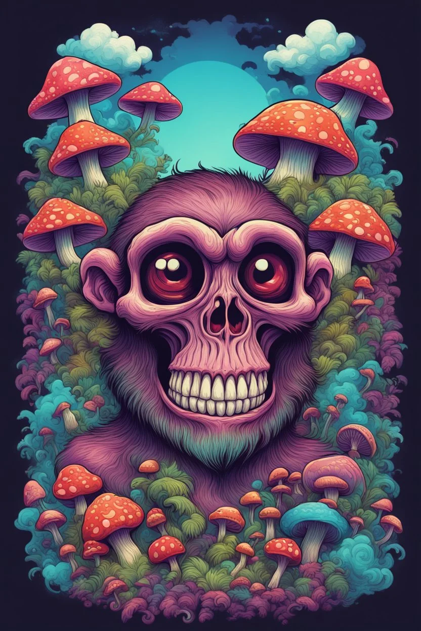 Psychedelic monkey skull looking high and grinning, surrounded by clouds and overgrown with psychedelic mushrooms. Digital drawing. Colorful. t-shirt design. Cartoon. Digital cartoon. Mid detailed