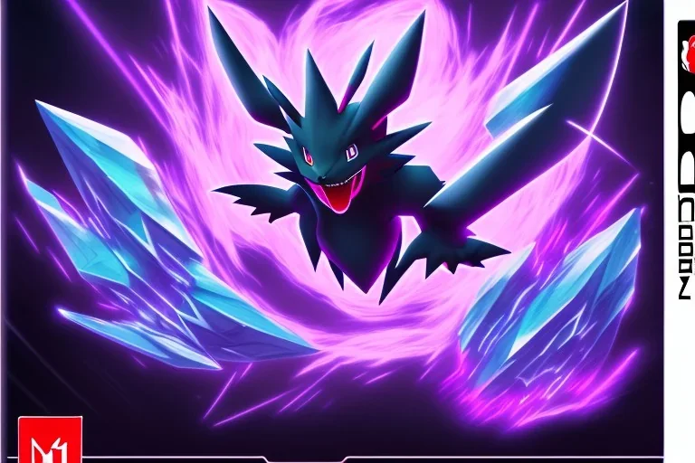 box art legendary dark type pokemon. Chaos. Black and purple colors. big. intimidating.