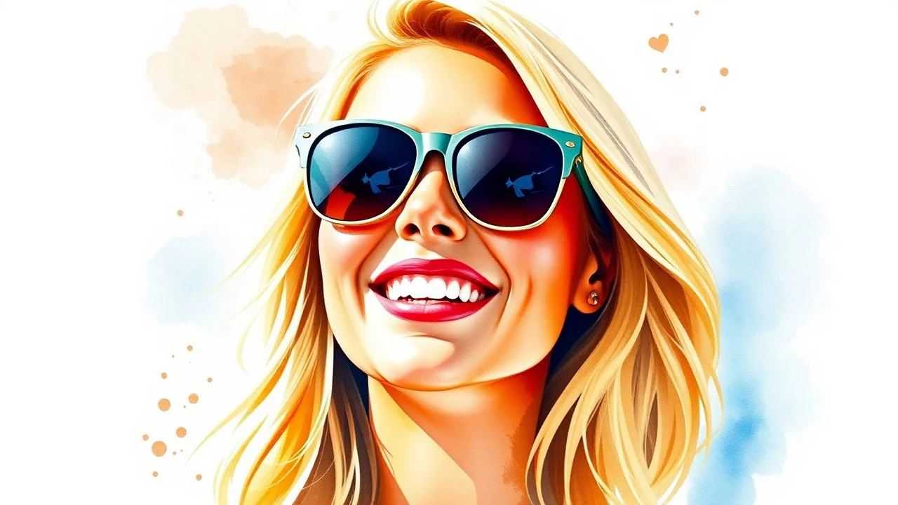 Watercolor happy blonde woman sunglasses portrait head and shoulders