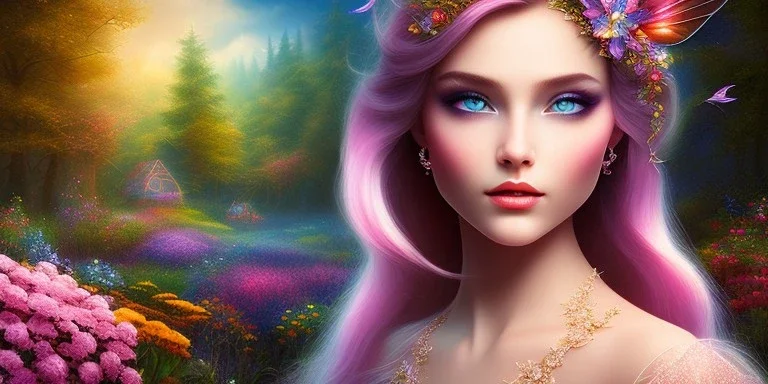 bright fairy, beautiful portrait, flowery landscape