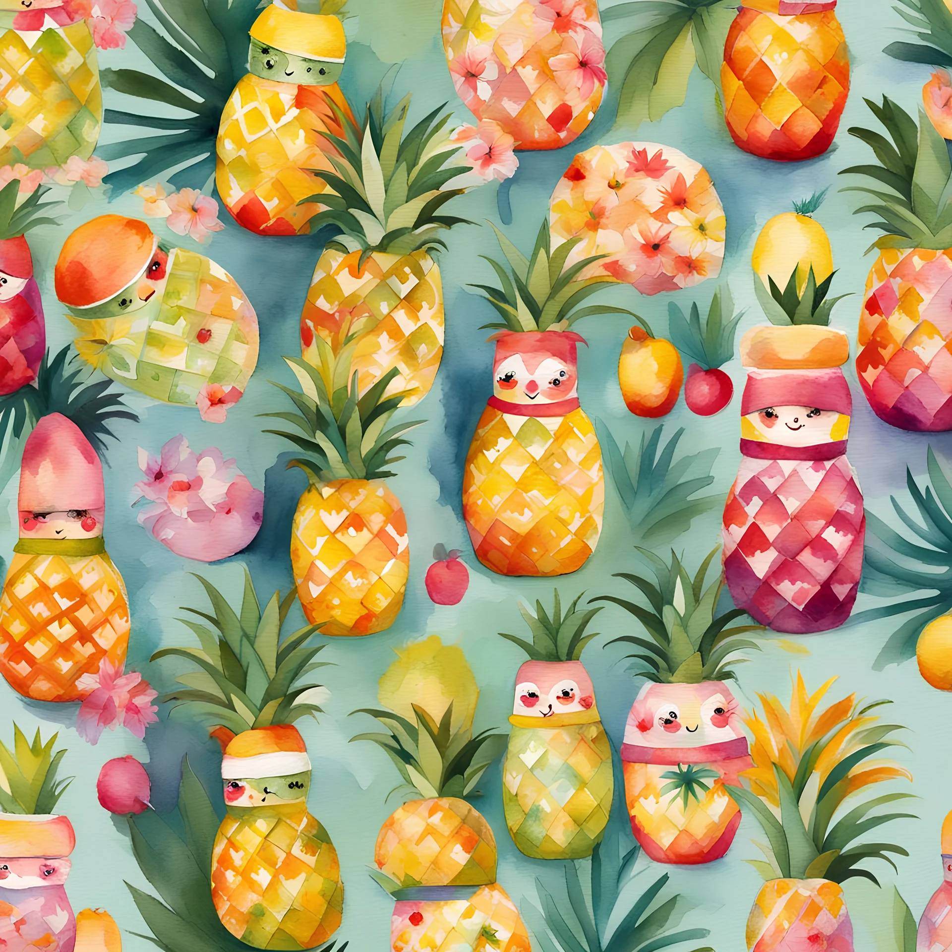 Create a whimsical watercolor illustration of pineapple-shaped babushka dolls. Infuse charm into each layer of these fruity dolls, capturing the essence of playful nesting dolls with a tropical twist