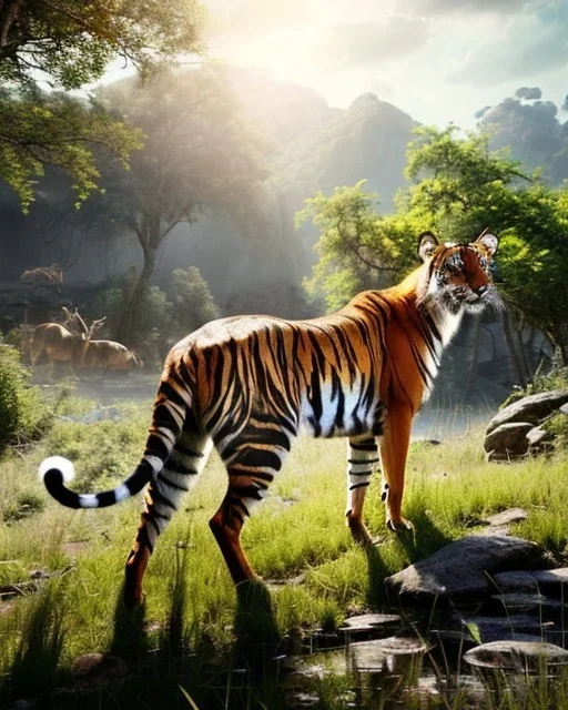 realistic exotic beautiful animal creature with the full head , high quality, very detailed, masterpiece, 8k,uhd,vfx,artstation,very epic,with four legs, perfect anatomy,beautiful environment , tigerian with colores of the peacock