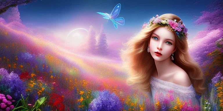 bright fairy, beautiful portrait, flowery landscape