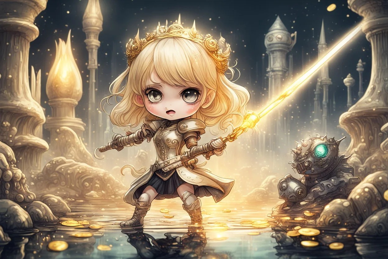 cute blonde chibi princess fighting with an ugly giant monster with a golden laser sabre, golden coin stacks, pond, in sunshine, H.R. Giger, anime, steampunk, surreal, watercolor and black in outlines, golden glitter, ethereal, cinematic postprocessing, bokeh, dof