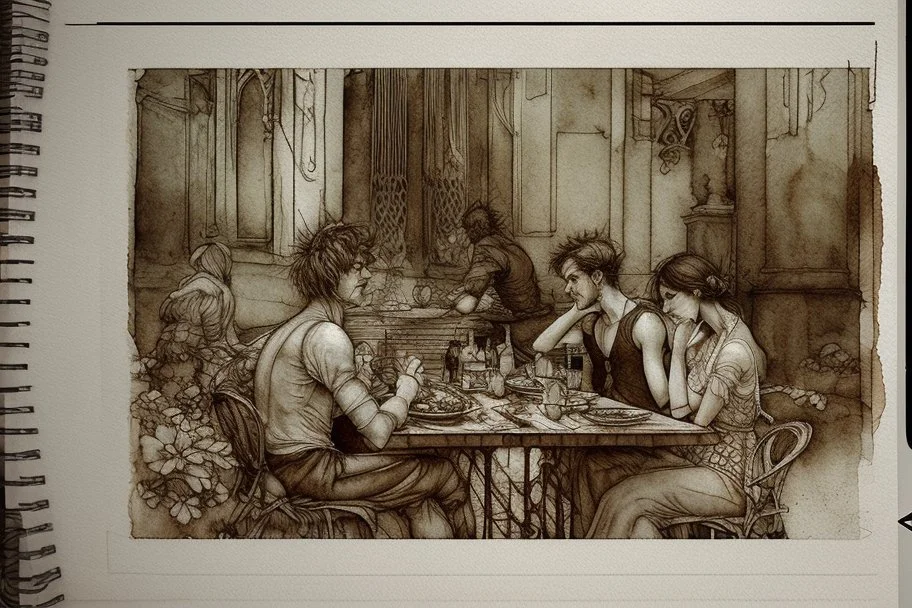 Italian men and women sitting around a pineapple pizza, watching in horror beautiful intricate, soft delicate watercolor, dramatic, perfect composition, by Arthur Rackham Modifiers: highly detailed intricate very attractive beautiful fantastic view watercolor Arthur Rackham Jean-Baptiste Monge Egon Schiele muted tones professional Enki Bilal patchwork watercolor and ink Xuan Loc Xuan