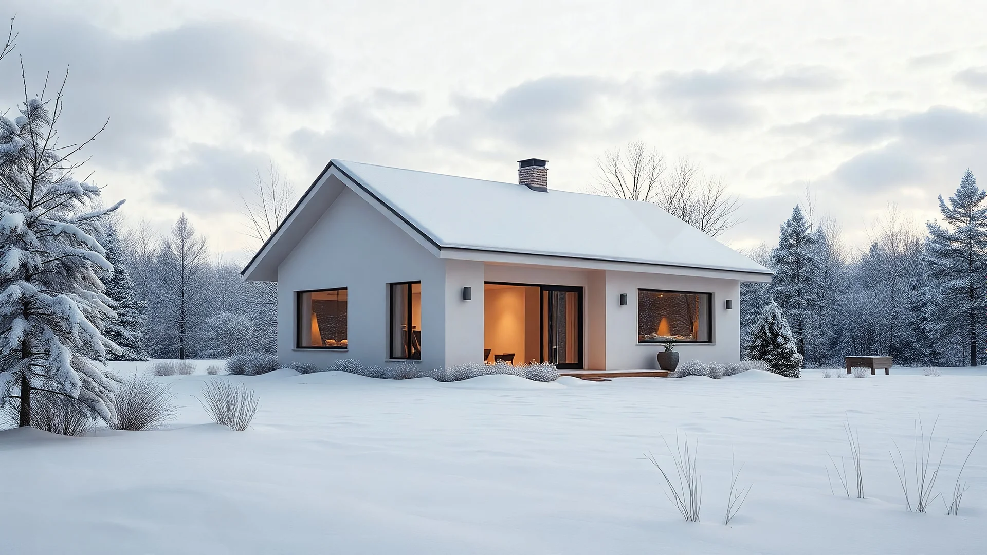 A small cozy modern house with simple design and light-colored walls, surrounded by a snowy landscape. The house is seen from a distance, showing more of the winter scenery around it. It looks warm and inviting with soft lights glowing from inside, but not too luxurious — just a normal, comfortable home. The sky is slightly cloudy with a calm winter morning feel, and the colors are soft white, grey, and light beige.