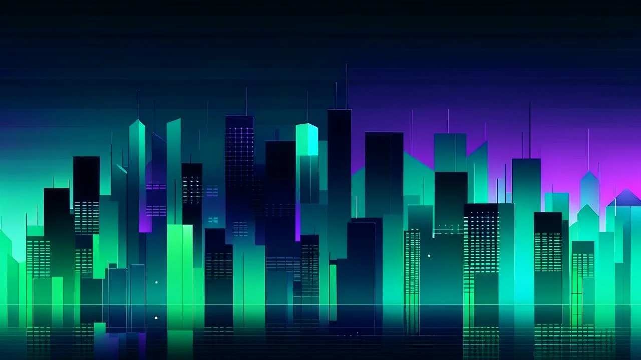 Digital and poly illustration of a minimalist and digital city with a dark background and gradients with light blue, light green, and purple.