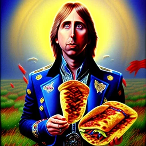 Scottish Tom Petty eating a burrito in heaven, fantasy art, heroic