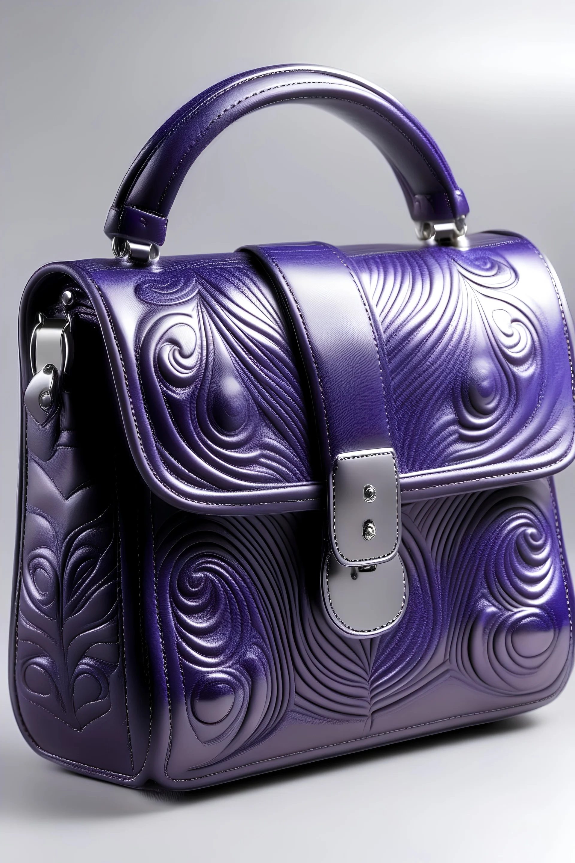 Purple embossed pattern leather bag with a silver clasp