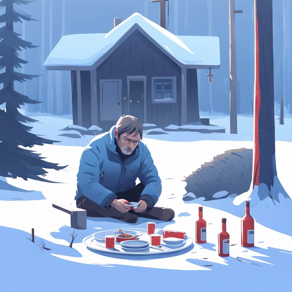 a sad depressed Finnish man with his empty plate, outside his house in the forest, Winter, snow, very cold, Finnish flagpole at half way up, Finnish flag, a bottle of Vodka in his hand, knifes and sauna, Simon Stålenhag style, lying empty vodka bottles on ground, graveyard with crosses and wolves