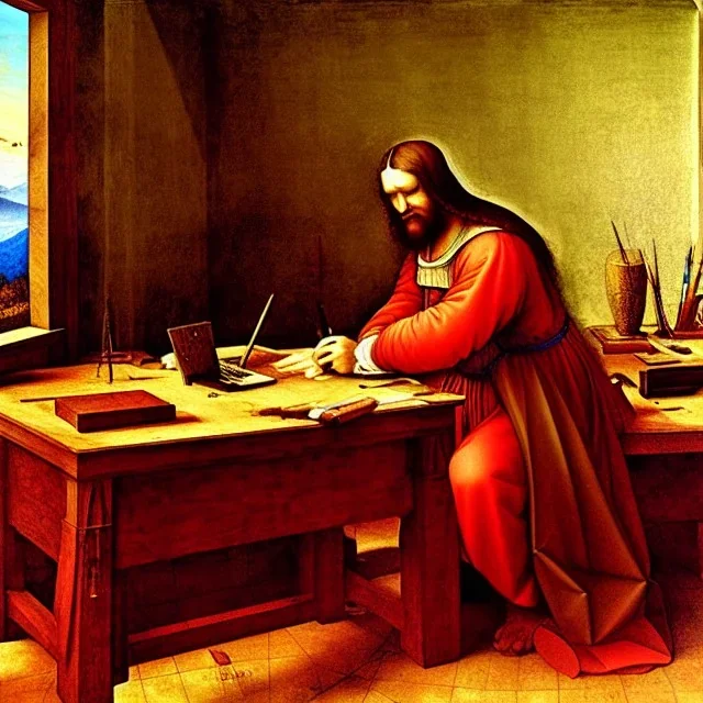 leonardo da vinci works on laptop at his desk. painting in photoshop. hyperdetailed, warm colors, movie poster, oil on canvas,