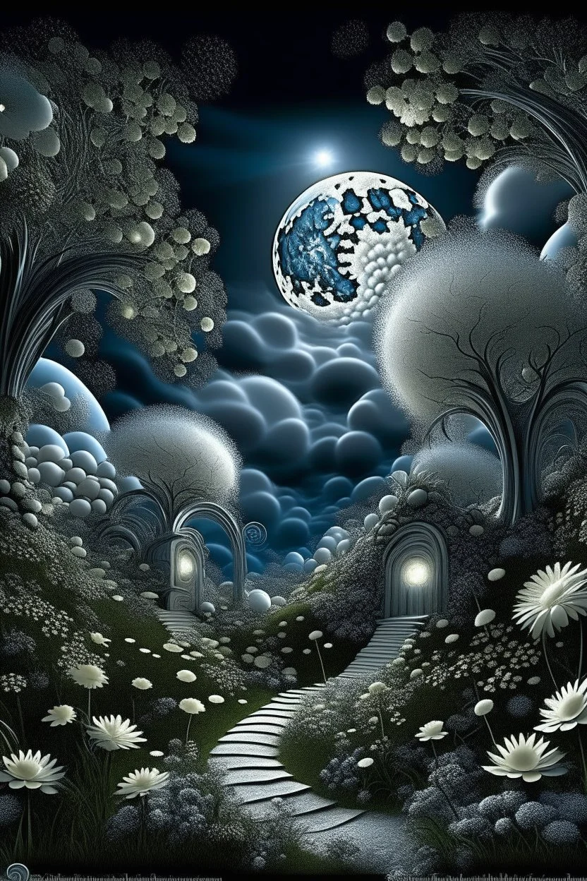 magic white silver landscape,night clouds,fairy-tale daisy house,stone path,layered trees with curlicues,fluffy flowers white voluminous daisies,radiance glow from inside op-art,black night,silver luminous full moon,curly clouds,silver stars,mysticism,fractals,grotesque,silver black,dark blue suspension,filigree drawing with ink and markers,airbrush,art nouveau,dark fantasy,dark botanical,color correction,volume,gloss,hyperrealism