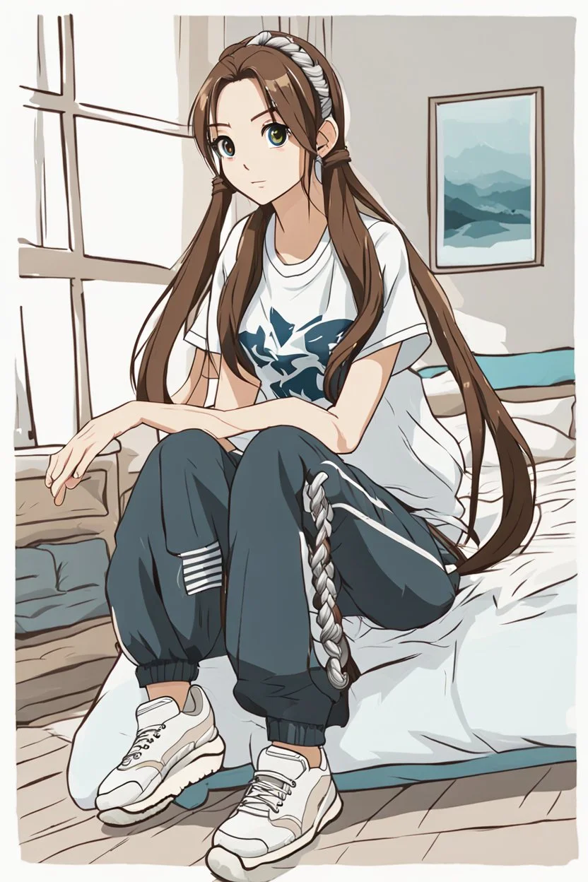 attractive anime woman with brunette long hair tied into twin ponytails, t-shirt and sweatpants, full body in frame, bedroom setting