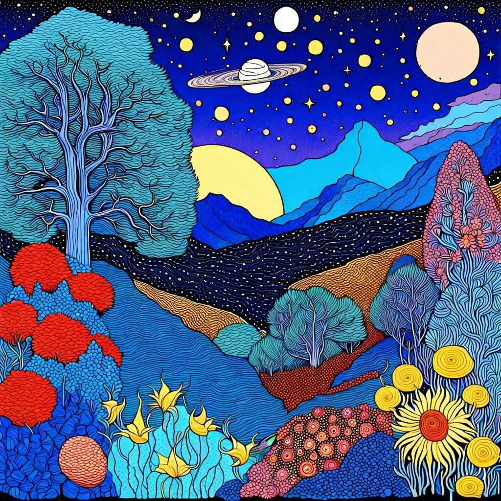 Colourful, peaceful, Max Ernst, Vincent Van Gogh, night sky filled with galaxies and stars, rocks, trees, flowers, one-line drawing, sharp focus, 8k, deep 3d field, ornate