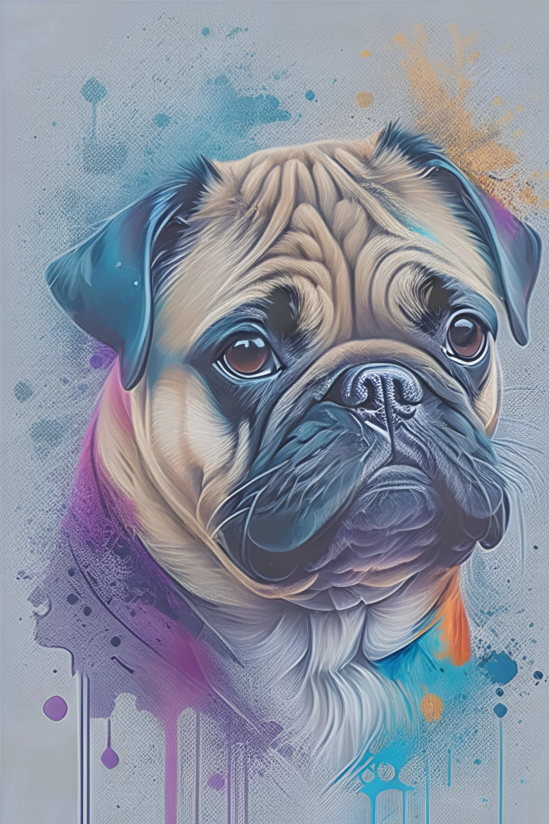 Abstract wet watercolour, portrait of a pug