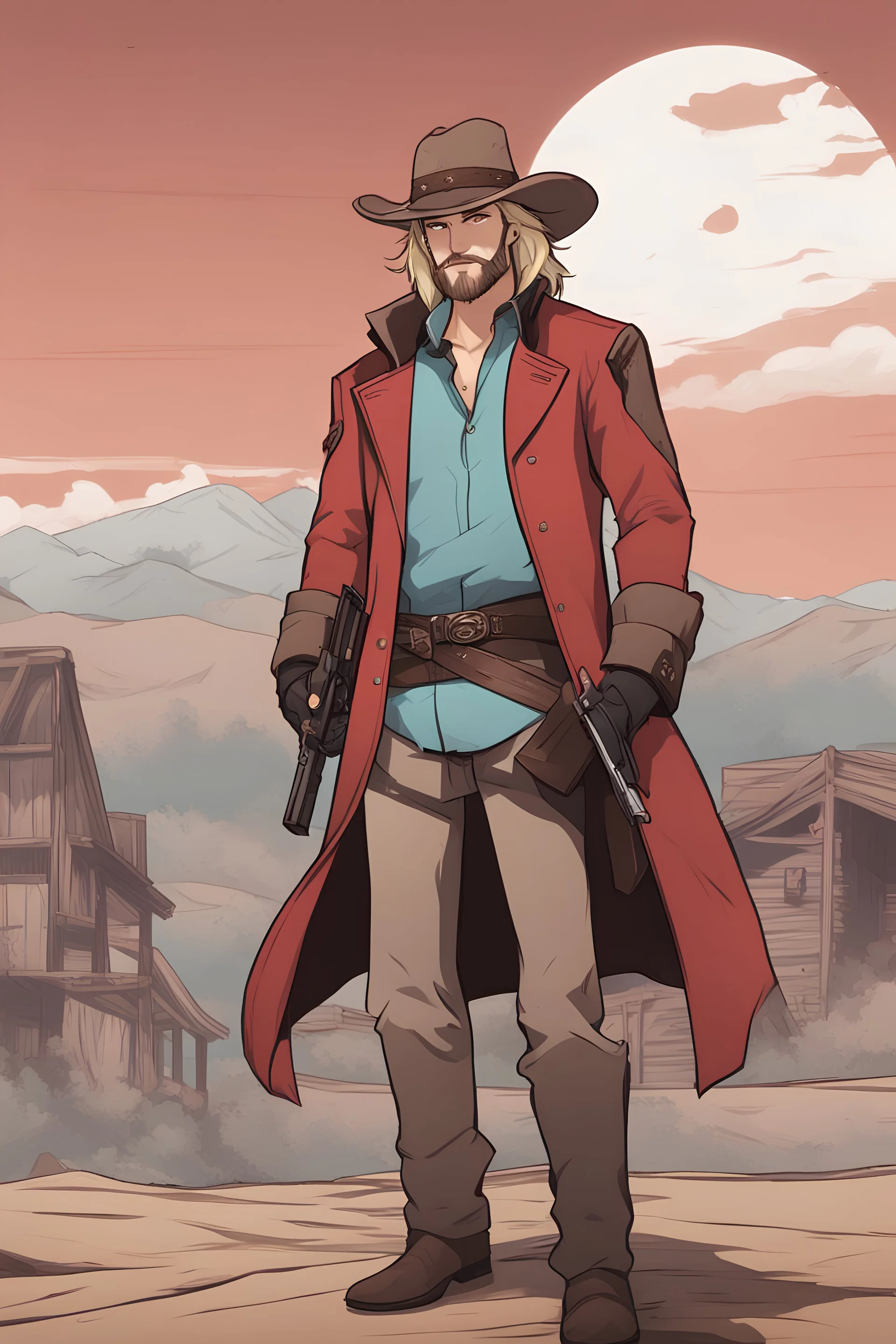 Slender male gunslinger in his thirties with blonde hair, light blue eyes, stubbly facial hair, smug, brown, and red clothes, Western background, RWBY animation style