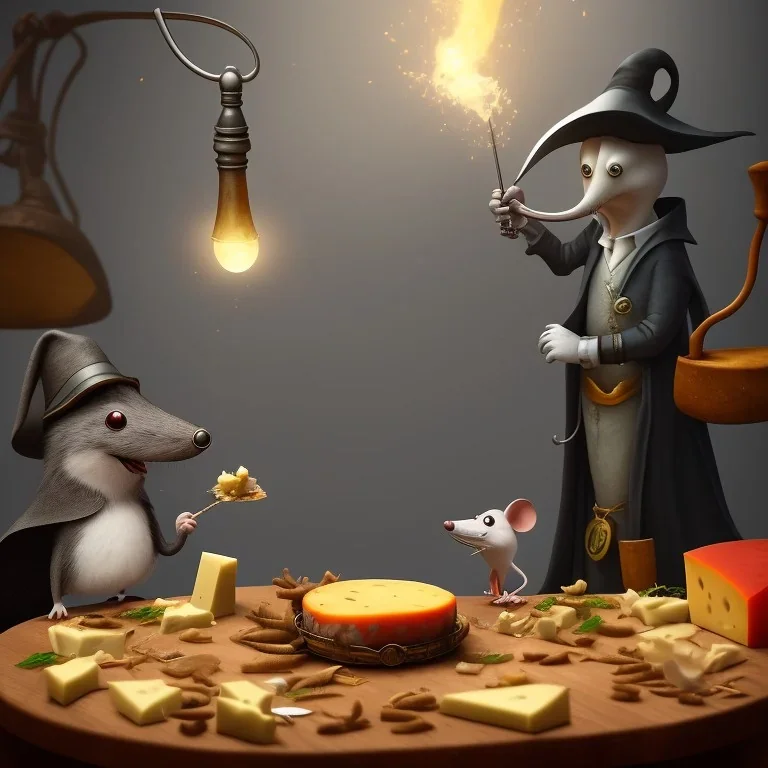 A Plague Doctor (AND) a Mouse having a port & cheese party while mushrooms grow beside them by Pixar and Dreamworks