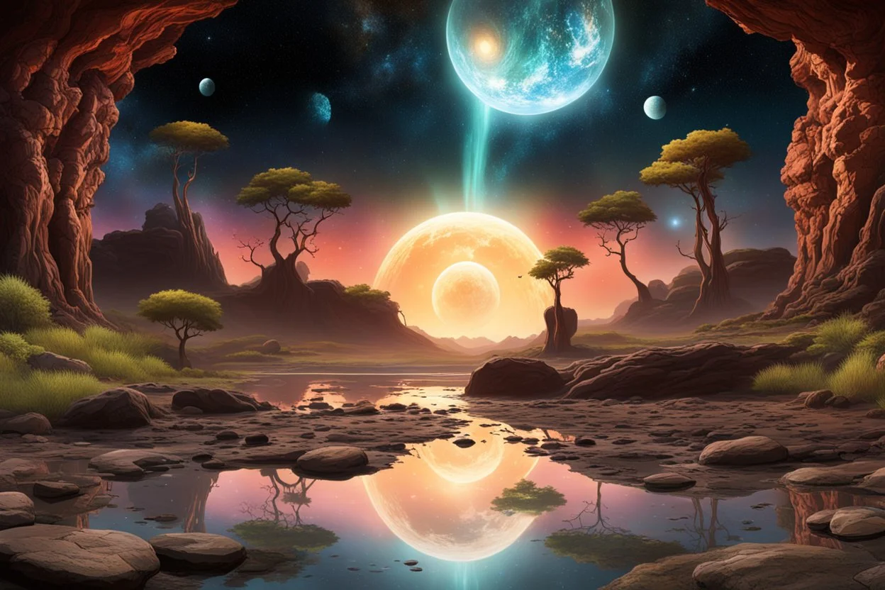 planet in the sky, trees, rocks, rocky land, puddle, sci-fi, landscape, mountains, galactic cosmic influence