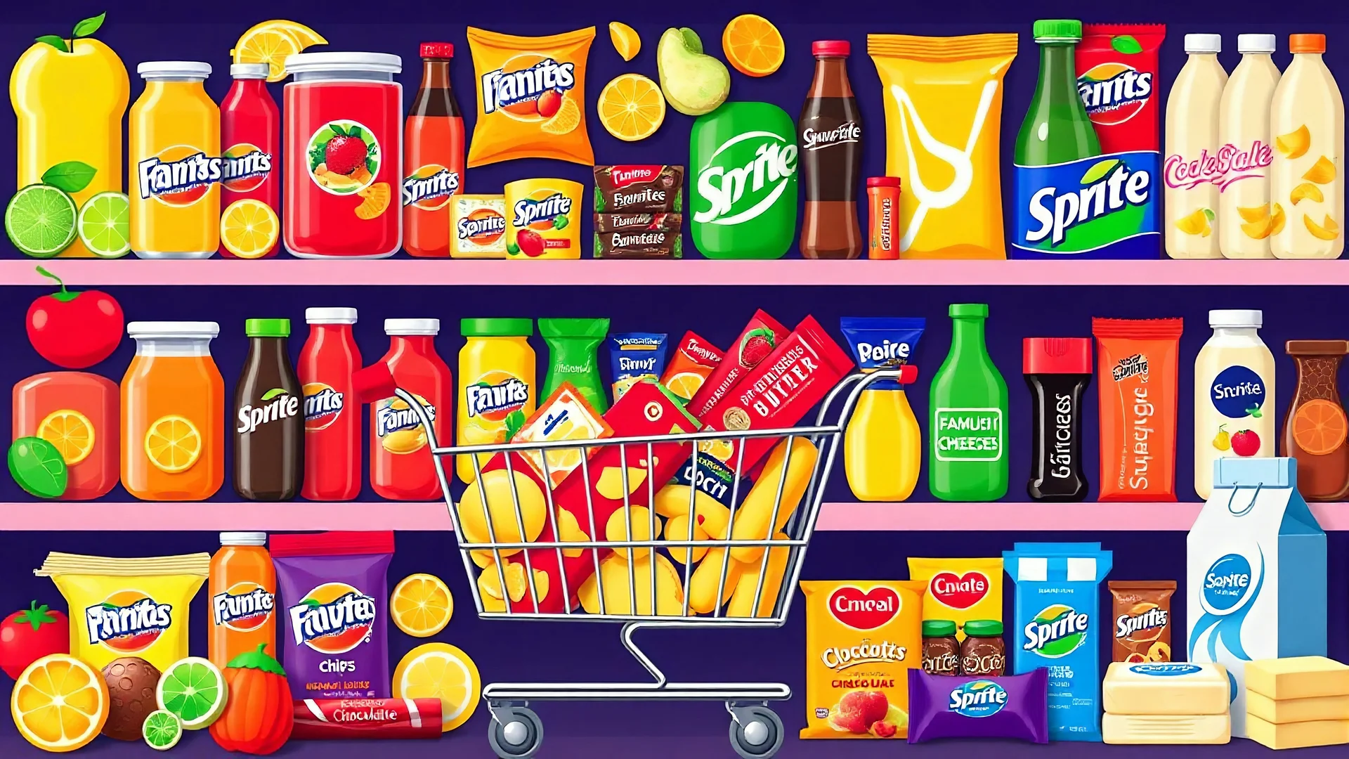 A design filled with various fruit juices, various chips, various types of Fanta, Coca-Cola, Sprite, various famous chocolates, a full shopping cart, packaged cheeses, butter, and pasteurized milk, in cheerful, vibrant, and eye-catching colors.