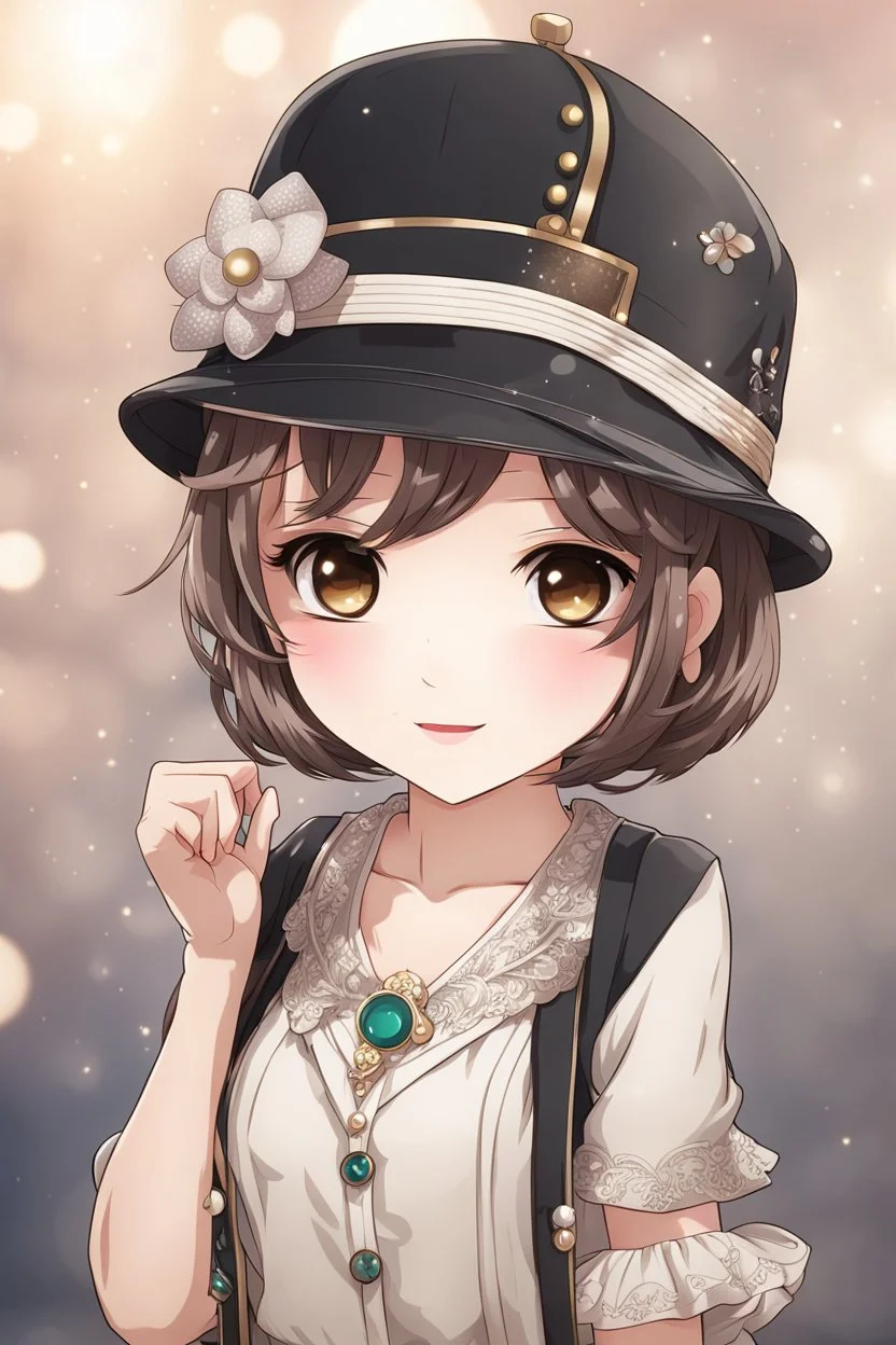 Chibi Anime girl in 1920s, nice outfit, hat, and blur background