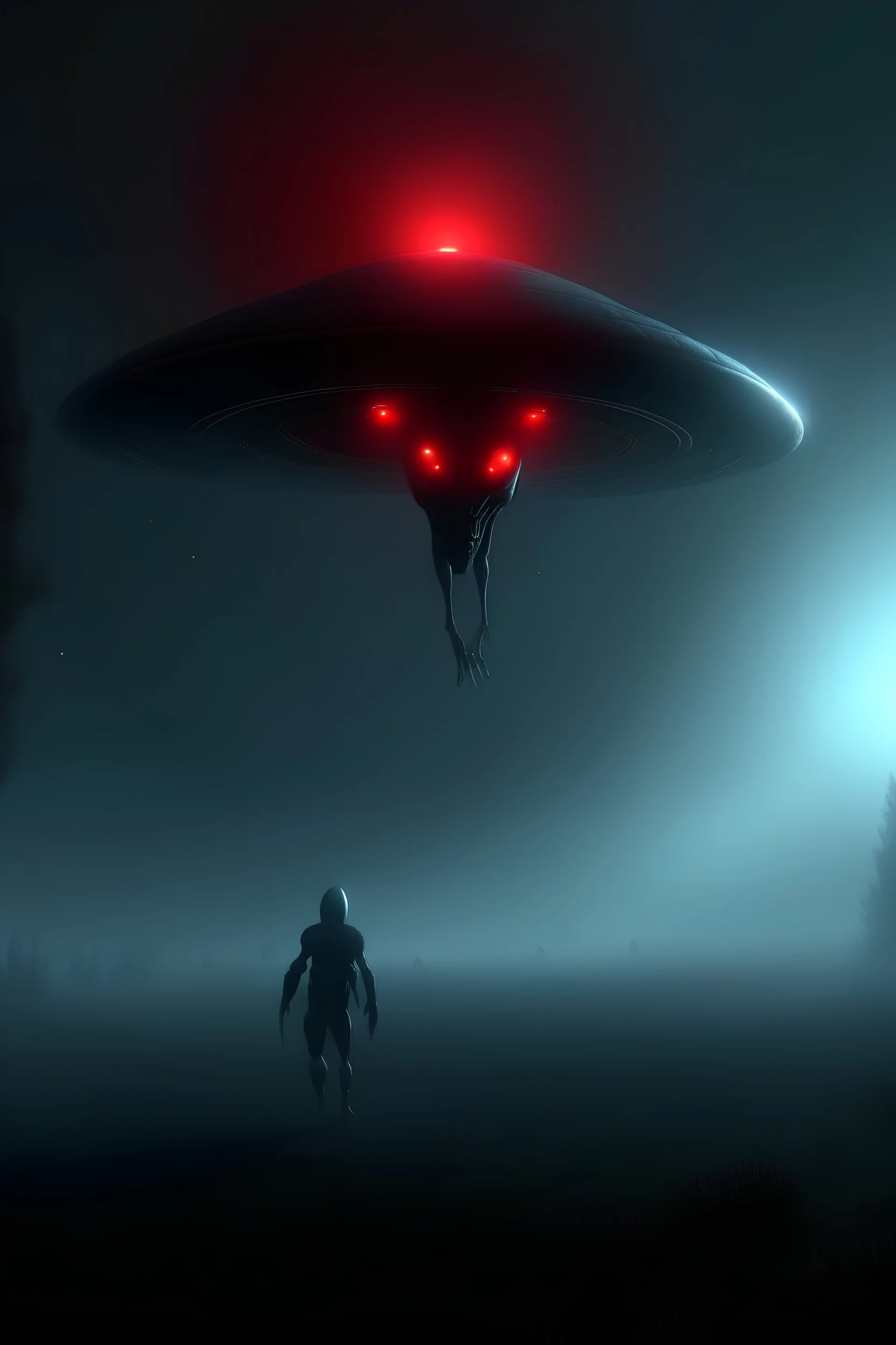 ALIENIGENA EN PRIMER PLANO Y OJOS ROJOS , ATRAS LA NAVE ESPACIAL, EN UNA NOCHE OSCURA Y CON NEBLINA