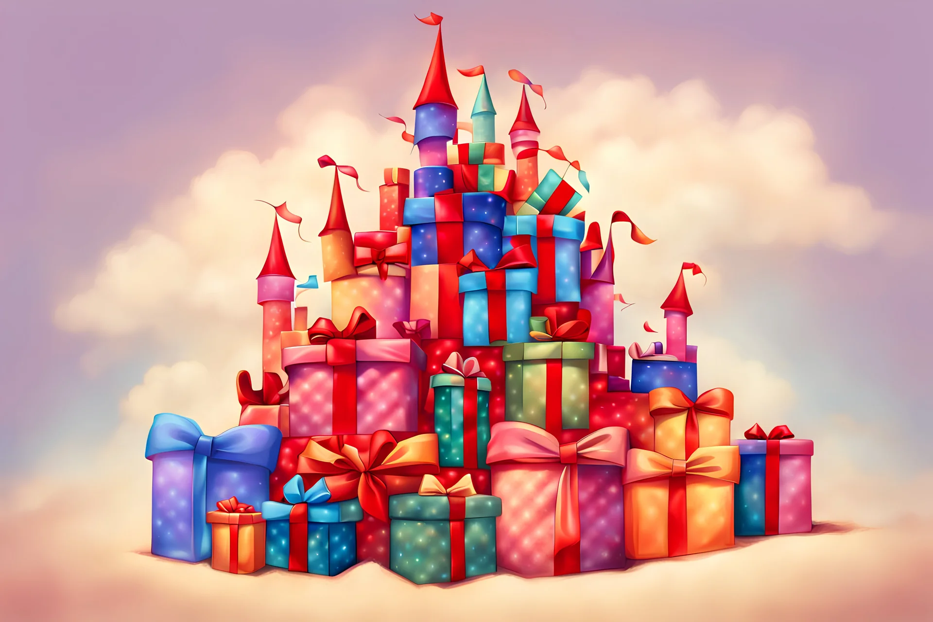 castle made of presents, realistic, high quality, surreal, disney style