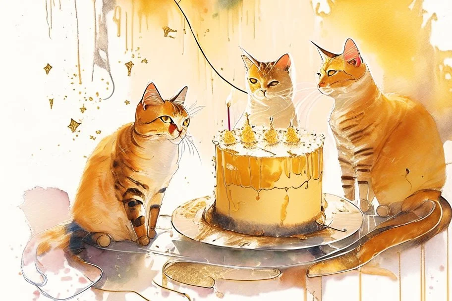 beautiful composition, cat birthday party with cake, watercolor and ink, golden glitters in ochre in sunshine