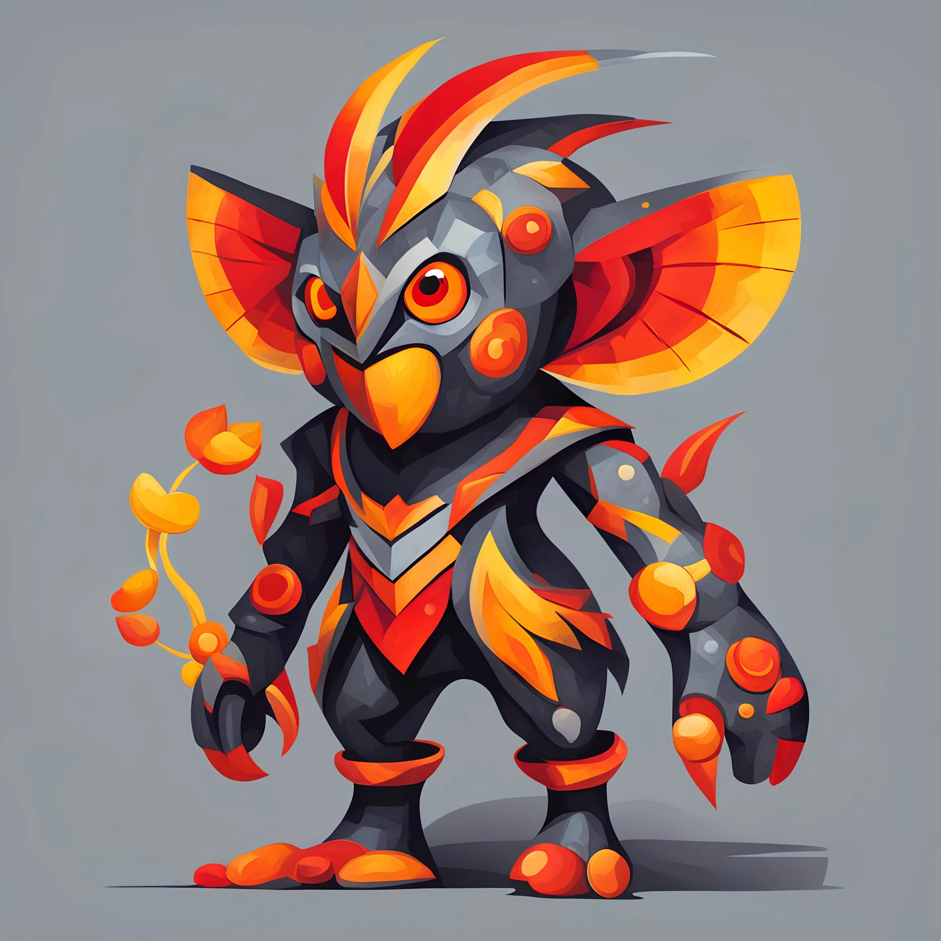 Agnimon with red yellow orange dark-gray palette in toyism art style