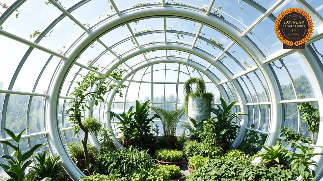 A futuristic greenhouse designed in the shape of a perfect torus, with transparent glass walls allowing sunlight to nourish the lush plants inside. The toroidal shape allows for optimal light diffusion and airflow, while the circular geometry mirrors the organic patterns of nature. Inside, plants grow in spirals and arcs, reflecting the mathematical beauty of the torus. Award-winning photograph.