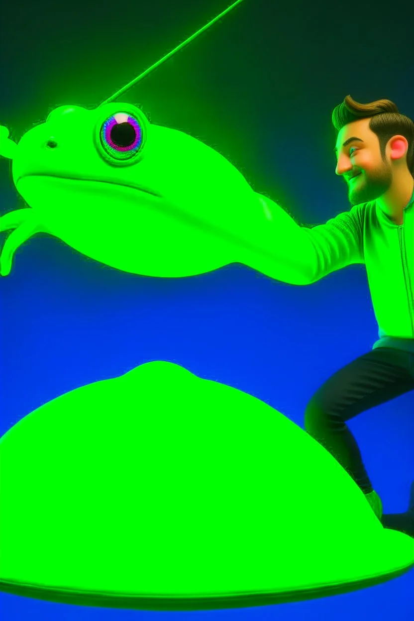 beeple throwing dart at inflatable green frog