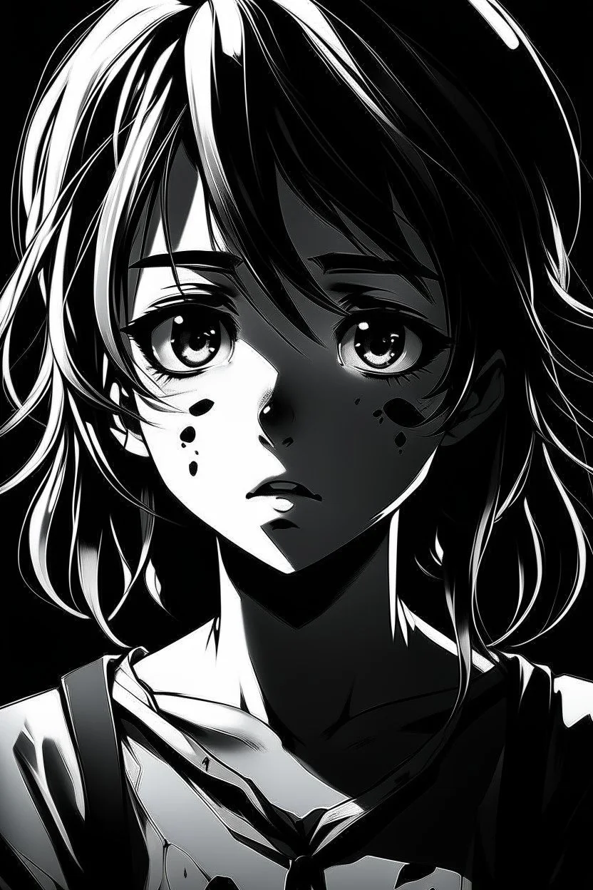 sad, numb, heartbroken, emotionless, black and white, disfigured anime girl with black background