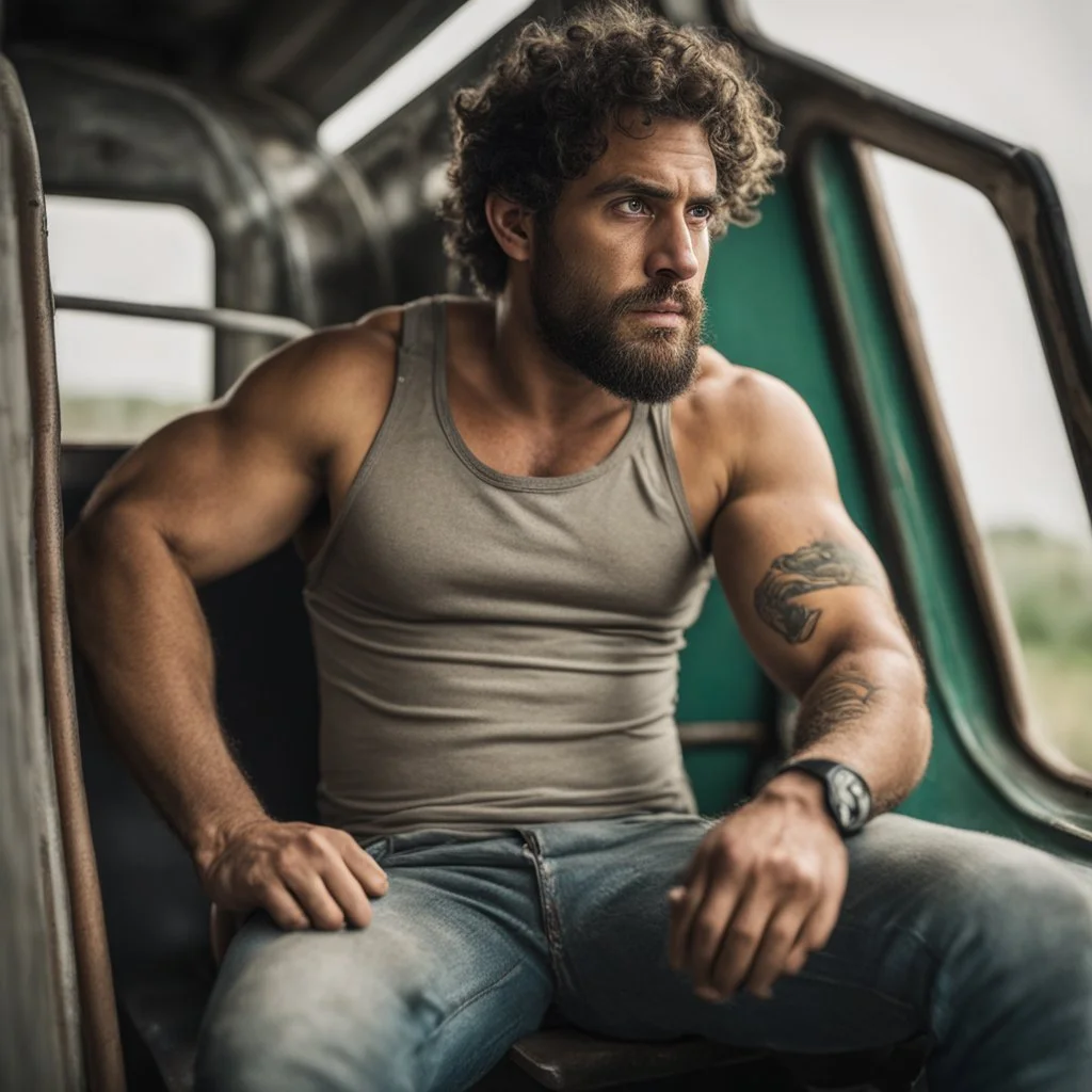 photography of a burly ugly beefy sicilian farmer 32 years old man sitting in the train, relaxing, in tank top and boxer, bulge, tattoo, broken teeth, serious, short beard, curly hairs , view from below, photorealistic, side lights, Ground-Shot Angle