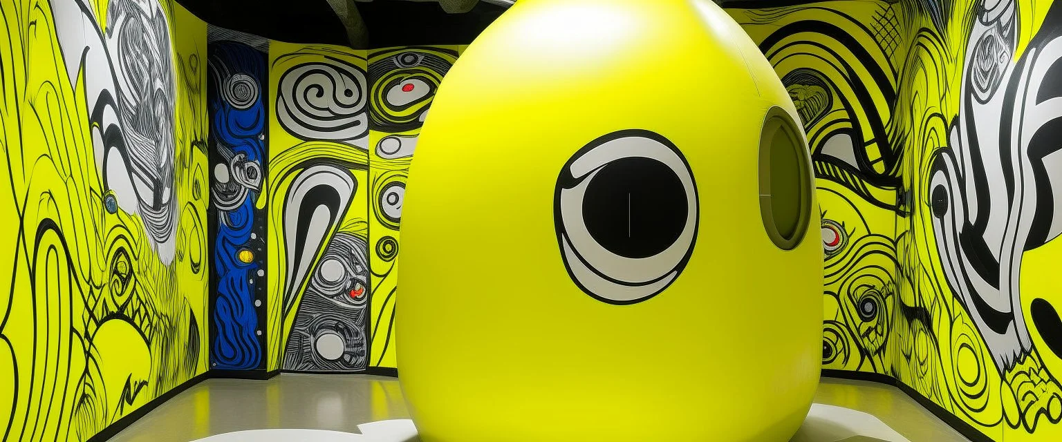 A yellow cave with a round electrical yeti designed in ancient Egyptian hieroglyphics painted by Roy Lichtenstein