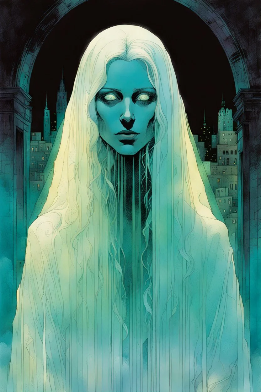 create an imaginative print illustration of the pale translucent ghost of an ancient female Oracle with finely detailed hair and feminine facial features, in the city of the dead , in the comic book art style of Bill Sienkiewicz, Mike Mignola, and Jean Giraud Moebius, finely textured, drawn, colored, and inked, suffused with dark foreboding shadows