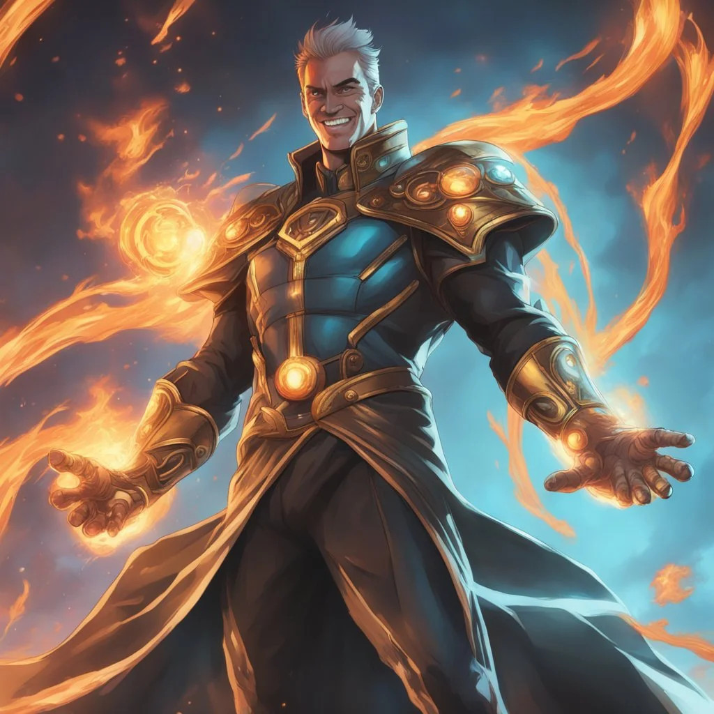 A commander in matte black robes with flaming eyes with grin with flaming light blue pupils stands atop a squire Two infinity gauntlets contain six infinity stones, one of which is made with nano In the hands of a powerful man walking While standing on a majestic height from afar