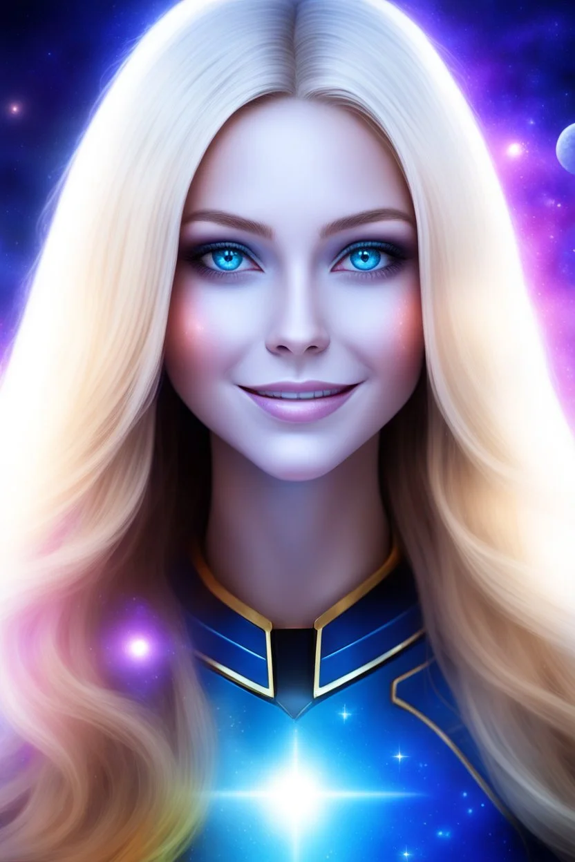 cosmic woman smile, admiral from the future, galactic confédération, fine whole face, crystalline skin, expressive blue eyes,rainbow, smiling lips, very nice smile, costume pleiadian, Beautiful tall woman pleiadian Galactic commander, ship, perfect datailed golden galactic suit, high rank, long blond hair, hand whit five perfect detailed finger, amazing big blue eyes, smilling mouth, high drfinition lips, cosmic happiness, bright colors, blue, pink, gold, jewels, realist, high,rainbows