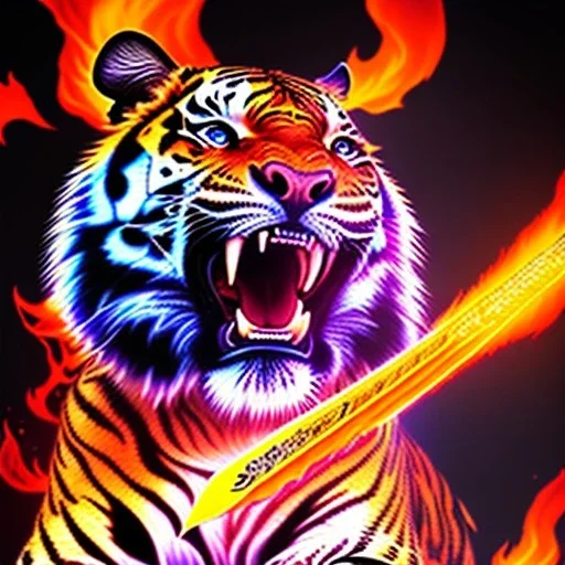 smooth hyper realistic, beautiful Japanese burning lava tiger battle with knight in crown, pale colors, dark cosmos background, extremely sharp detail, finely tuned detail, ultra high definition, 8 k, unreal engine 5, ultra sharp focus, accurate sword wings, positive smile, lot of details, fit within portrait, Ambiance winter, perfect composition, perfect hair, perfect hands, finger up gestures