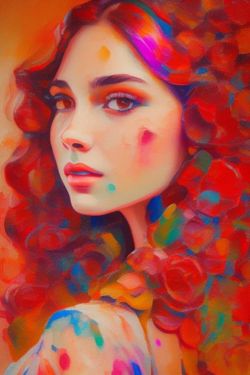 A portrait of a beautiful young woman. An oil colored picture of a plastic painting with colors that express joy 8k