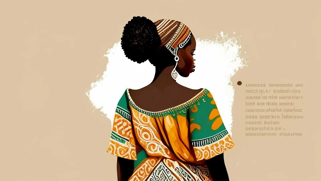 Logo, design, African woman, oil painting, graphic, drawing, without facial features, white background, traditional clothing, cartoon, no features ,patterns in the background, looking back