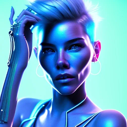 Sienna Miller, hyper realistic, cyberpunk style, shaved hair, latex, gradient color, BLUE, PINK, CYAN, neon, insanely detailed, 16k resolution, perfect eyes, cinematic smooth, intricate detail